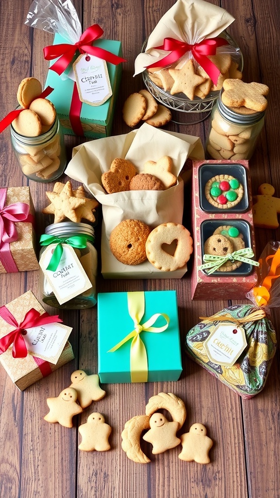 A variety of creatively packaged cookies in mason jars, paper bags, and tin boxes on a rustic table.